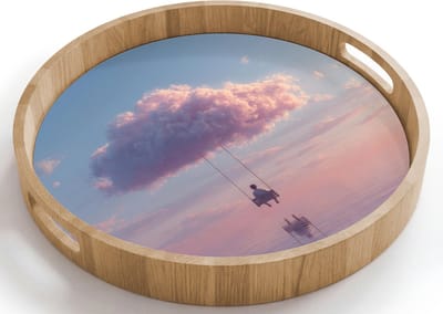 Dienblad rond 40x40 cm - Schootdienblad hout - Wolk - Schommel - Kleurrijke lucht - Borrelplank rechthoek - Plateau houten dienbladen