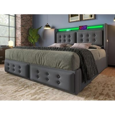 ModernLuxe Opbergbed 140x200cm in linnenstof - met LED en oplaadpoorten - Grijs