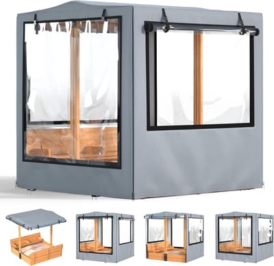 Zandbakafdekking, 122 x 122 x 132 cm, zandbakhoezen voor kinderen, waterdicht, uv-bestendig, met oprolbare transparante ramen, ideaal voor houten zandbak in de achtertuin, winddicht, stofdicht en