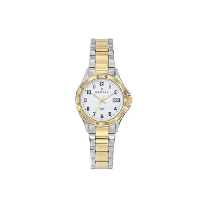 Certus dameshorloge-model 642414-bicolor-goud/zilverkleur-datum-duidelijke wijzerplaat-5 atm waterdicht-diameter 28 mm-made in France