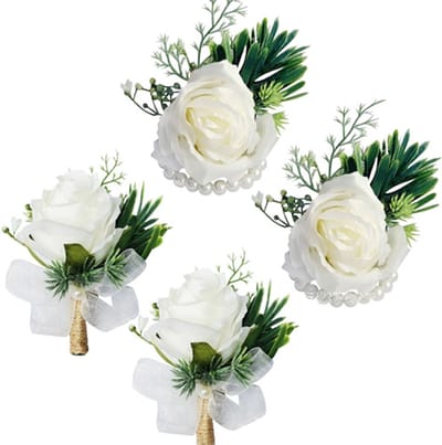 Boutonnière - Polsboeketje - Kunstplant - Witte Rozen Boutonnières Polscorsages –2 Paar – Trouwbloemen – Duurzame Materialen – Ideaal voor Gasten, Bruidsmeisjes, Bruidsjonkers en Meer – Wit