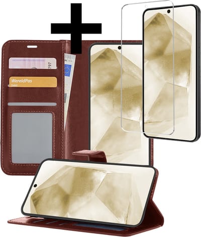 Hoesje - Met Screenprotector - Geschikt voor Samsung Galaxy A55 - Luxe Pasjeshouder - Bookcase Portemonee - Flip Case - Kunstleer Book Case - Flipcase - Book Cover - Walletcase - Portemonneehoes - Telefoonhoesjes - Bruin