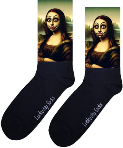 LuckyDay Socks - Kunstsokken Da Vinci - Kunstenaar sokken - Mona Lisa sokken - Grappige cadeau - Verjaardag cadeau - Vrolijke sokken - Schilderij sokken - Grappige sokken - Leuke dames en heren sokken - Beterschap - Opkikker - Maat 37-44