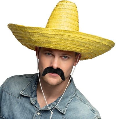 Smiffys Mexicaan Carnaval verkleed set - Grote sombrero hoed geel - Dia 49 cm - met plaksnor - heren