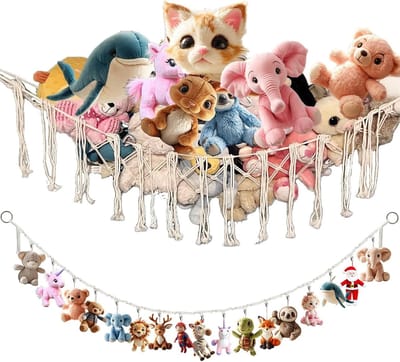 Pluche Speelgoed Opbergnet, Set van 2 Hangmatten met 20 Clips, 2M Opbergruimte voor Knuffels en Teddyberen, Boho Macrame voor Kinderkamer Decoratie