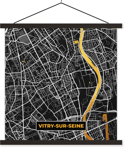 Posterhanger incl. Poster 60x60 cm - Schoolplaat - Stadskaart – Plattegrond – Vitry-sur-Seine - Kaart – Frankrijk - Textielposter - Zwarte latten - Stadskaart