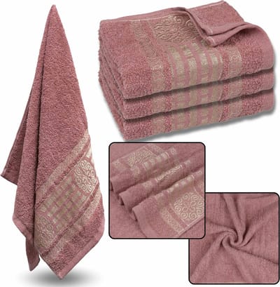 Roze Katoenen Handdoek met Gouden Borduurwerk, Badhanddoek, zacht, compact formaat 70x135 cm, 3 stuks