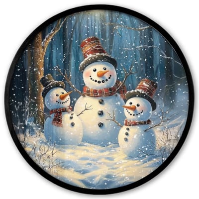 Poster in lijst Rond - Fotolijst 40x40 cm - Posters - Sneeuwpop - Sneeuw - Winter - Bos - Ronde posterlijst zwart - Decoratie - Wanddecoratie woonkamer - Muurdecoratie slaapkamer