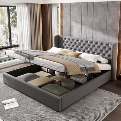 Sweiko Stofbed Oorvorm fluwelen stof Grote knoopnaden Dubbele bed 180*200, Hydraulisch functioneel bed met lattenbodem en opslagruimte, Bedbodem is met een vuil-afstotende zwarte niet-geweven stof, Grijs