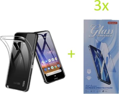 Hoesje Geschikt voor: Nokia 2.2 Transparant TPU silicone Soft Case + 3X Tempered Glass Screenprotector