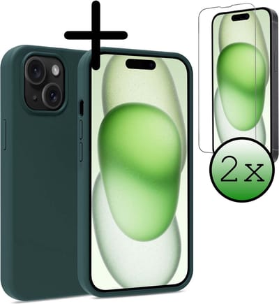 Hoesje Met 2x Screenprotector - Geschikt voor Apple iPhone 15 - Sterk & Shockproof - Back Cover - Siliconen Case - Telefoon Hoes - Donkergroen