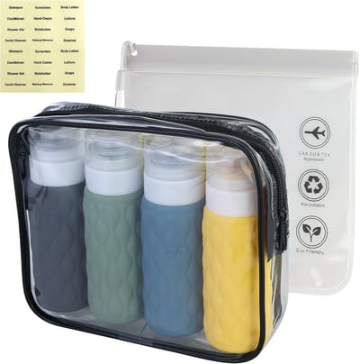 Famanu – Siliconen reisflessen - 100 ml - lekvrij en navulbaar - reiscontainer om te vullen - wordt geleverd met toilettas - geschikt voor het vullen van reisflessen - met 1 opbergtas