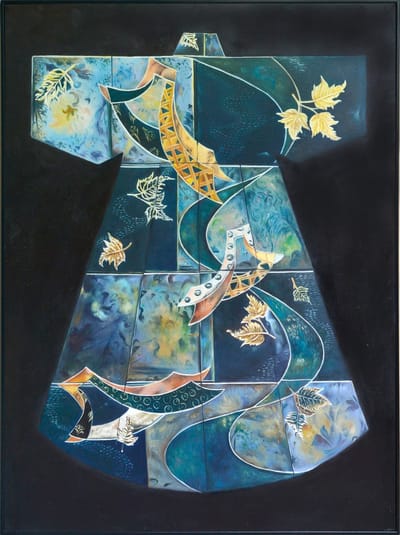 Fine Asianliving Olieverf Schilderij 100% Handgeschilderd Zwarte Omlijsting 90x120cm Chinese Kimono Blauw