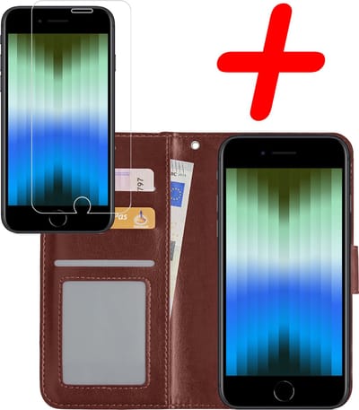Hoesje Met Screenprotector - Geschikt voor Apple iPhone SE (2022) - Luxe Pasjeshouder - Bookcase Portemonee - Flip Case - Kunstleer Book Case - Flipcase - Book Cover - Walletcase - Portemonneehoes - Bruin