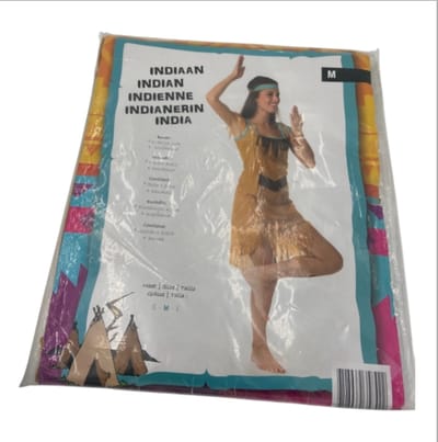 Dames Verkleedkostuum Indiaans – Bruine Jurk met Franjes, Blauwe Accenten & Hoofdband – Maat M