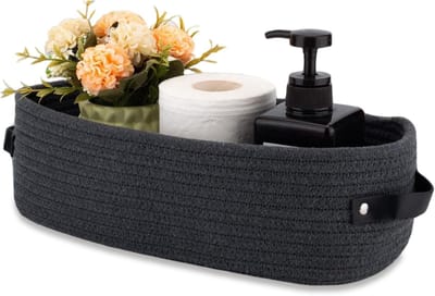 Badkamer Mand Organizer Van Geweven Katoenen Touw, Decoratieve Toilet Opbergmand 33 X 15 X 10 Cm Voor Wc-Papier En Aanrecht, Donkergrijs Opberglade Voor Badkameraccessoires
