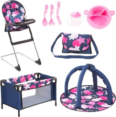 Poppen accessoires set met poppenstoel, bed, speelboog en tas - Roze en blauw met sterren