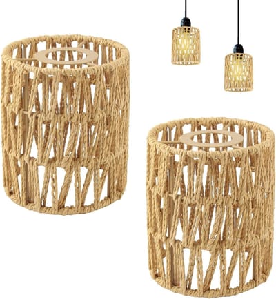 Rieten Lampshade Set van 2 - Diameter 12 cm - Bohemian Stijl voor Hanglampen en Vloerlampen (H 15 cm)
