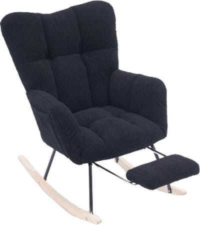Moderne schommelstoel met bekleding en teddystof taft hoes en uitschuifbare voetenbank, zwart