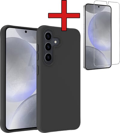 Hoesje - Met Screenprotector - Geschikt voor Samsung Galaxy S24 - Sterk & Shockproof - Telefoon Hoes - Back Cover - Siliconen Case - Telefoonhoes - Zwart