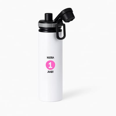 Hacebo® - Hoera 1 jaar waterfles met draaidop grijs - Verjaardag - Jarigen - Verjaardagscadeau - baby - Happy birthday - water fles - 850ML