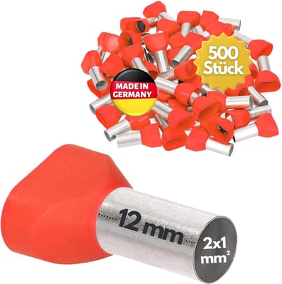 500 stuks Kalitec AET112RT dubbele adereindhulzen geïsoleerd 2x1,0mm² 12mm lang rood I Made in Germany I Industriële kwaliteit