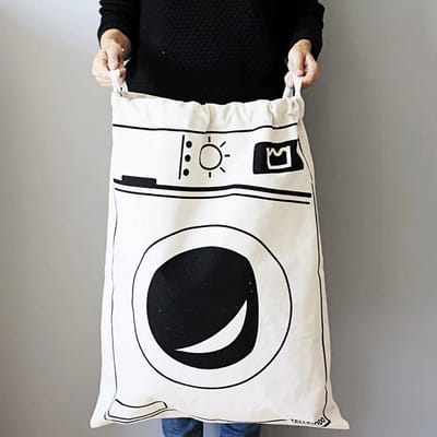Grote Waszak met Wasmachine Print – Katoenen Wasmand / Laundry Bag met Trekkoord – 65 x 47 cm – Ecru/Zwart