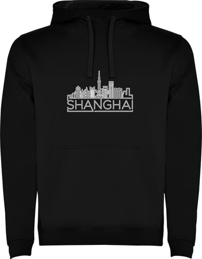 Zwarte unisex hoodie met “ Skyline Shanghai – Vakantiegevoel – Strak – Modern “ Print Full Color Color merk Roly maat S