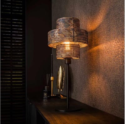 Tafellamp Met Lantaarnontwerp in Zwart-Bruin - 1L Lantern - 28x28x58 cm - Stijlvolle Tafellamp Voor Woonkamer en Slaapkamer - Unieke Sfeermaker - Geschikt voor Moderne en Klassieke Interieurs