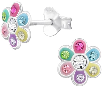 Joy|S - Zilveren bloem oorbellen - 7.2 mm - multicolor met kristalletjes - kinderoorbellen