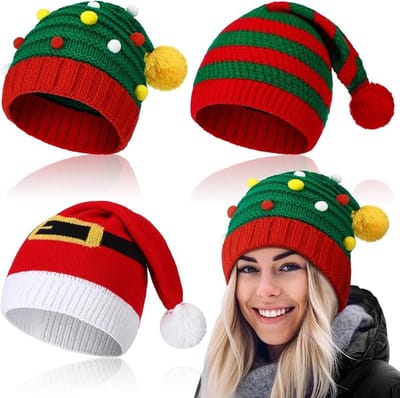 Set van 3 gebreide kerstmutsen, feestelijke elfenkap met gehaakt ontwerp voor vakantiefeesten en familiebijeenkomsten, klassieke stijl.-Gemengde stijl