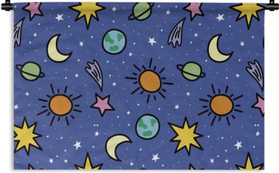 Wandkleed - Wanddoek - Planeten - Sterren - Design - 90x60 cm - Wandtapijt