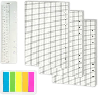 Hoogwaardige A5 Ringband Navullingen - Geruit Papier met 6 Gaten, Inclusief Sticky Tabs en Liniaal voor Notities en Organisatie