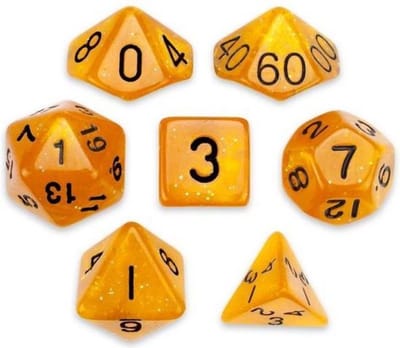 Polyset Dice | Dobbelstenen - Set Van 7 Stuks - Oranje Geel Glitters Zwart Transparant| Voor D&D en Andere Rollenspellen | Plastic Dobbelstenen Set voor Dungeons and Dragons | Polyhedral Dice Set | Mooie Zwarte Velvet Dice Bag voor Ongeveer 3 Sets