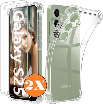 Hoesje geschikt voor Samsung Galaxy S25 Hoesje transparant - Anti Shock silicone hoesje Galaxy S25 / S24 case met 2 Pack Screenprotector tempered glass voor Samsung S25/S24