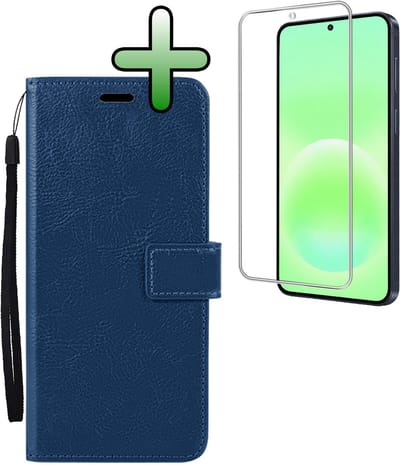 Hoesje Met Screenprotector - Geschikt voor Samsung Galaxy A57 - Luxe Pasjeshouder - Bookcase Portemonee - Flip Case - Kunstleer Book Case - Flipcase - Book Cover - Walletcase - Portemonneehoes - Donkerblauw
