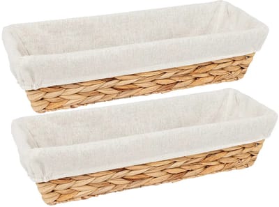 5Five Rieten gevlochten broodmandje - 2x - naturel - 39 x 14 x 9 cm - rechthoek - met afdekstof wit