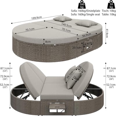 2-Persoons Zonnebed – HomeByNicole Luxe Rotan Tuinligstoel Lounge Bed 200x140 cm met 8 cm Dikke Kussens – Weerbestendig Outdoor Loungeset met Verstelbare Rugleuning – Dubbel Tuinbed Chaise Longue voor Terras en Tuin – Grijs B