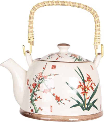Clayre & Eef Theepot met Filter 800 ml Beige Groen Porselein Bloemen