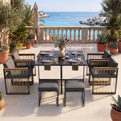 Tuinset - 7 Delige Dining Set - Voor 6 Personen - Met Tafel, 4 Stoelen En 2 Voetenbanken - Voor Tuin En Terras - Metaal, Glas, Polyester - Zwart En Naturel
