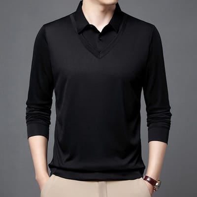 Nieuwe neppe tweedelige lente- en herfst heren T-shirt met lange mouwen voor middelbare leeftijd en ouderen, casual effen poloshirt met onderkant XL