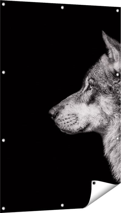 Gards Tuinposter Wolvenkop - Wolf - Zwart Wit - 80x120 cm - Tuindoek - Tuindecoratie - Wanddecoratie buiten - Tuinschilderij