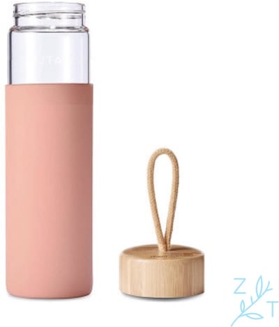 ZijTak - Drinkfles - Waterfles - Glas - Bamboe deksel - Transparant - 500 ml - 0.5 liter - Silicone Sleeve - Roze