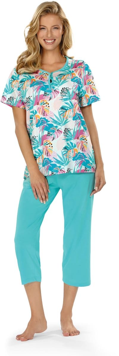 Ascafa Capri Pyjama 'Colorful Palms' - Dames Nachtmode - Korte Mouw - Katoen - Maat 44