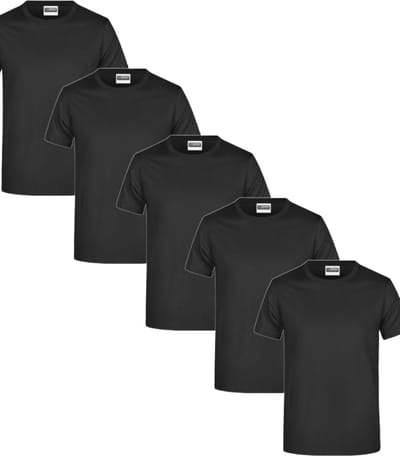 James & Nicholson 5 Pack Zwarte T-Shirts Heren, 100% Katoen Ronde Hals, Ondershirts Maat S