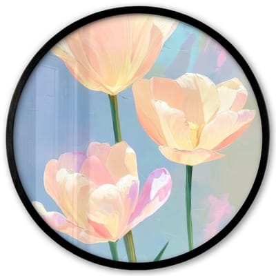 Poster in lijst Rond - Fotolijst 40x40 cm - Posters - Tulpen - Roze accenten - Blauw - Ronde posterlijst zwart - Decoratie - Wanddecoratie woonkamer - Muurdecoratie slaapkamer