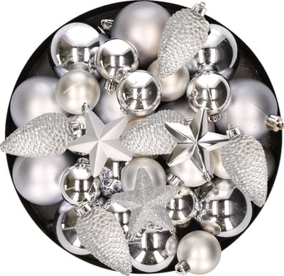 Kerstversiering kunststof kerstballen/hangers zilver 6-8-10 cm pakket van 62x stuks - Kerstboomversiering