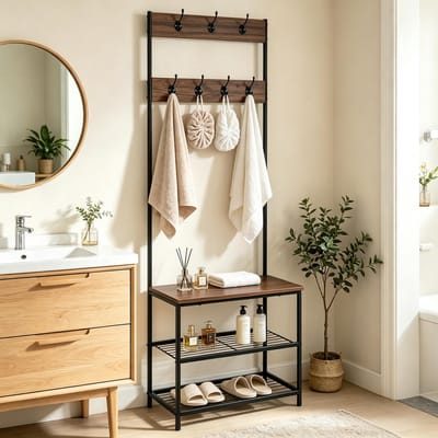 Clruro Kapstok - 60 × 31.5 × 170 cm - met Zitbank - met Haken - Donker Hout en Zwart