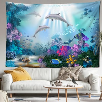 Droomvis Onderwaterlandschap Wandkleed Bohemian Abstract Kawaii Eenvoudig Hippy Slaapkamer Woonkamer Huisdecoratie 95x70CM gray