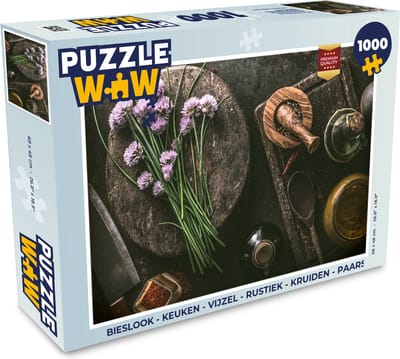 Puzzel Bieslook - Keuken - Vijzel - Rustiek - Kruiden - Paars - Legpuzzel - Puzzel 1000 stukjes volwassenen